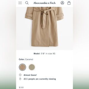 Brand New classic trench coat from Abercrombie and Fitch. Size Large caramel
